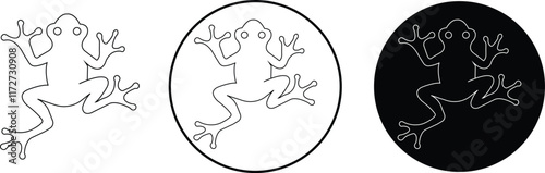 Amazonian frog line vectors set, vectorized image of frog for graphic designs and logo for stiker with detail of branches, vectorized frog to design sports t-shirts isolated on transparent background.