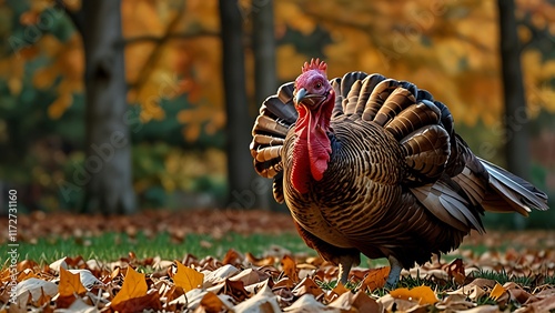 Thanksgiving turkey with autumn leaves photo