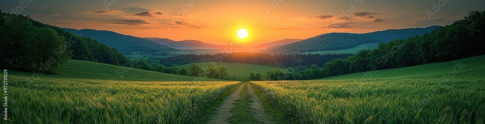 Obraz premium A beautiful sunset over a green field with a path leading through it
