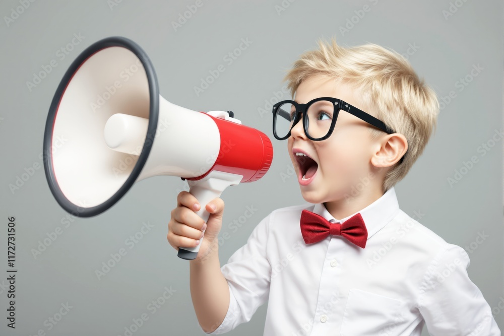 A cheerful child wearing glasses and a red bow tie holding a megaphone, yelling with excitement on a plain gray background. Concept of communication. Ai generative A cheerful child wearing glasses and a red bow tie holding a megaphone, yelling with excitement on a plain gray background. Concept of communication. Ai generative