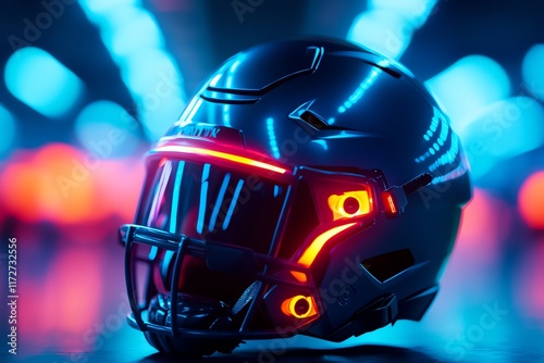 A futuristic football helmet illuminated with neon lights, showcasing a sleek design against a vibrant background. photo