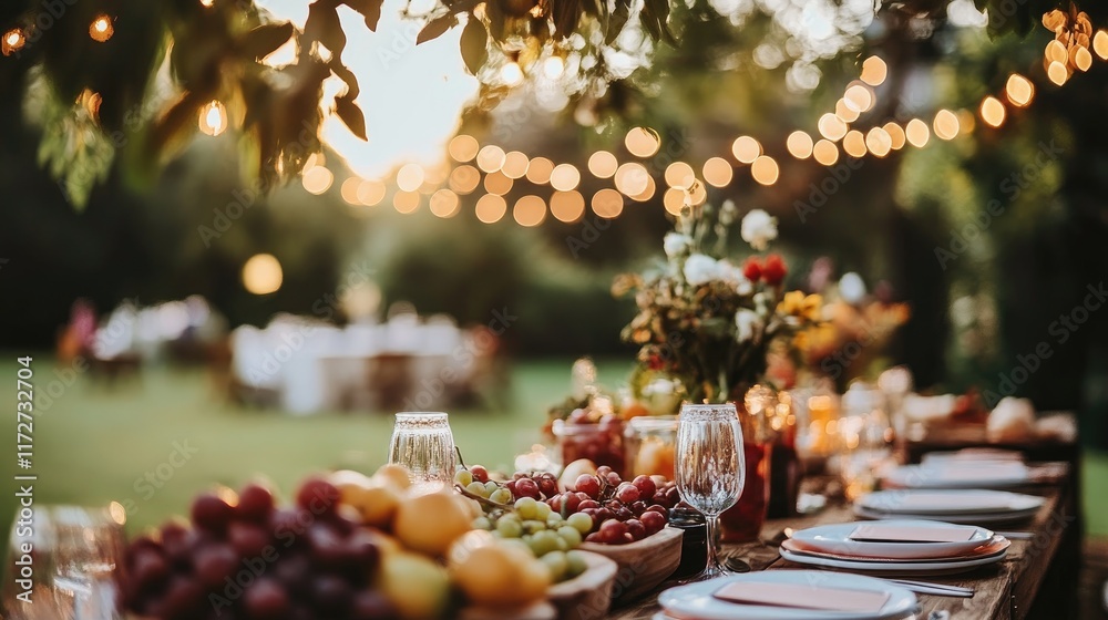 A festive outdoor party setup with string lights, colorful tableware, and fresh summer fruits. A festive outdoor party setup with string lights, colorful tableware, and fresh summer fruits.