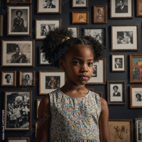 A powerful image of a young Black girl standing in front of a gallery wall featuring African American artists.