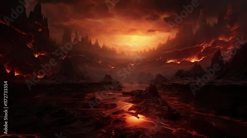 A view of fiery hell with towering rocks. 4k animated video