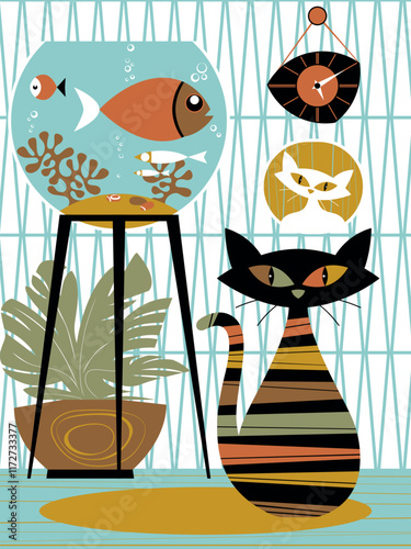 Black cat in the room with a fish in a aquarium. Handmade drawing vector illustration. 1960s retro style poster.
