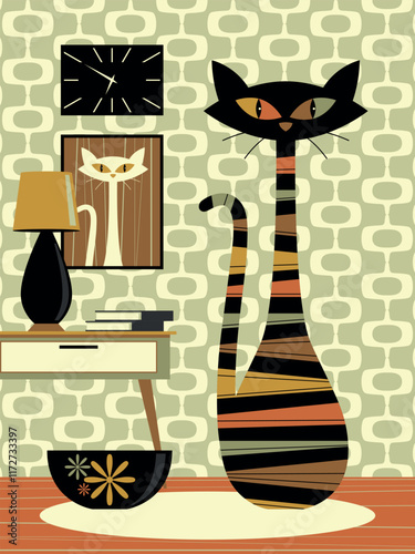 Black cat in stylish 1960s room with portrait of beloved kitty and clock on the wall. Handmade drawing vector illustration. 1960s retro style poster.