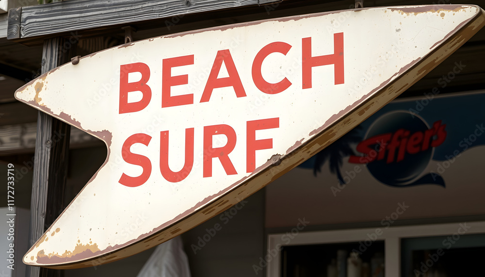 Obraz premium aged and worn vintage photo of beach surfing sign, photo, with white tones