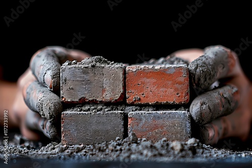 Daytime construction worker skillfully laying bricks for a sturdy wall installation photo