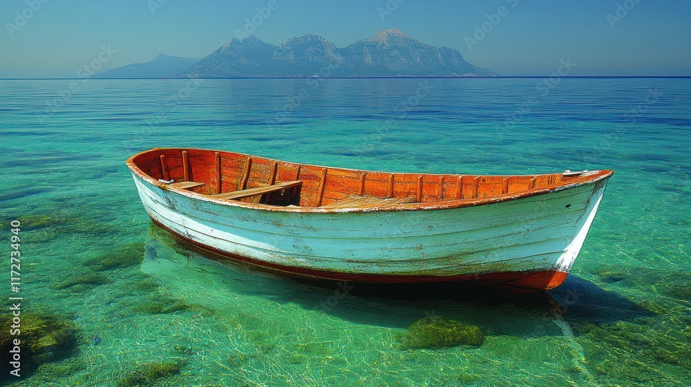 Naklejka premium Tranquil boat in clear turquoise water, mountains backdrop, summer day, travel postcard.