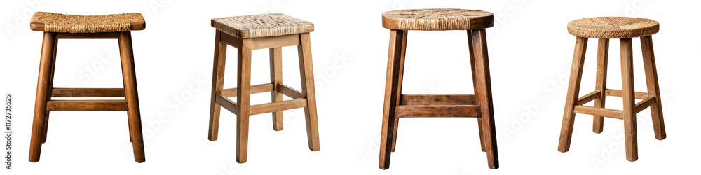 Collection of Handcrafted Rustic Wooden Stools in Different Designs and Finishes Suitable for Home Kitchen Bar or Dining Room Decor Collection of Handcrafted Rustic Wooden Stools in Different Designs and Finishes Suitable for Home Kitchen Bar or Dining Room Decor