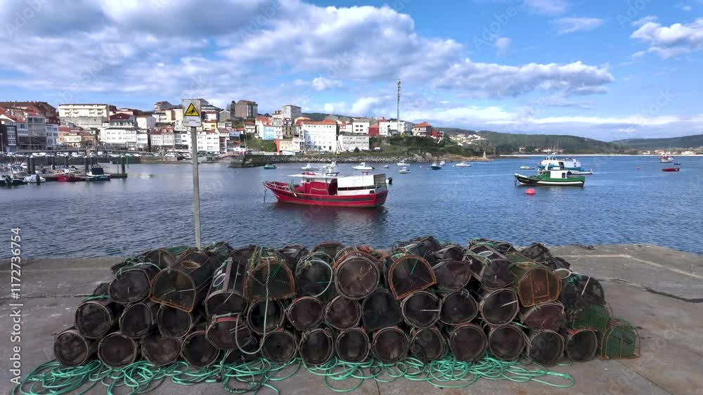 Nasas de pesca en el puerto de Muxía, La Coruña, Galicia, España. Enero de 2025.