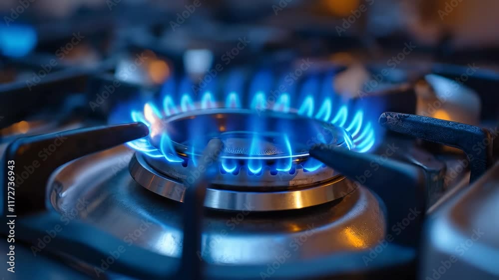 Blue flames curl around a gas stove, illuminating its sleek metallic surface Blue flames curl around a gas stove, illuminating its sleek metallic surface