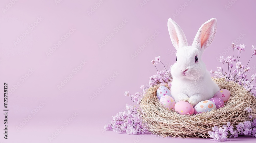Fototapeta premium Easter Bunny with Colorful Eggs in a Nest on a Lavender Background