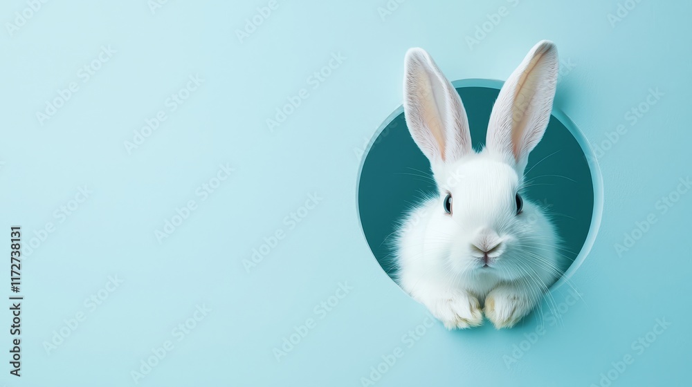 Obraz premium Adorable Bunny Popping Out Against a Minimal Pastel Blue Easter Background