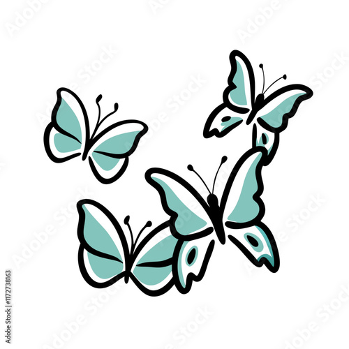 Teal butterflies in flight with artistic illustration.