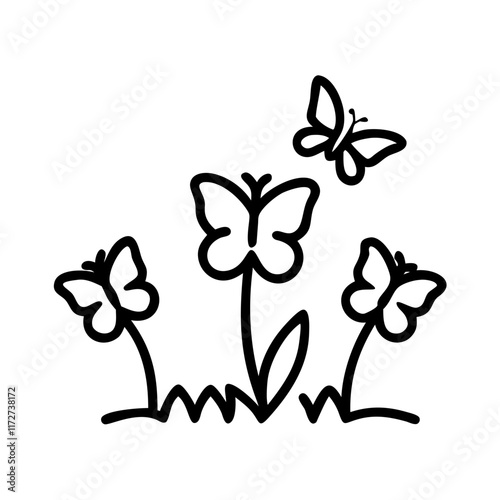 Butterflies in a garden with flowers in black line art.