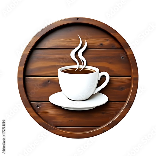 A white cup of coffee icon on wooden round logo signage for cafe isolated on white background, drink and beverage