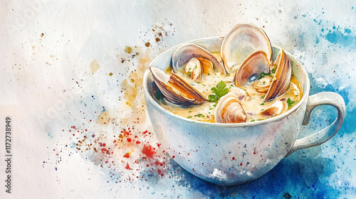 Creamy clam chowder served in a white cup with colorful watercolor background