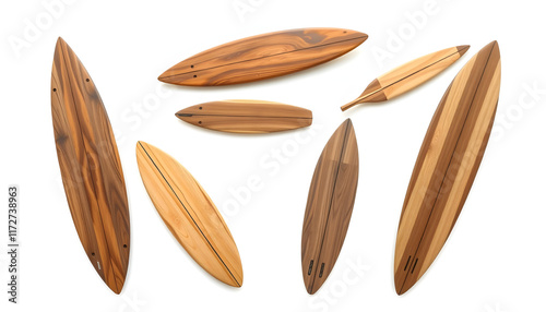 Collection of vintage wooden fishboard surfboard isolated on white with clipping path for object, retro styles, origami photo