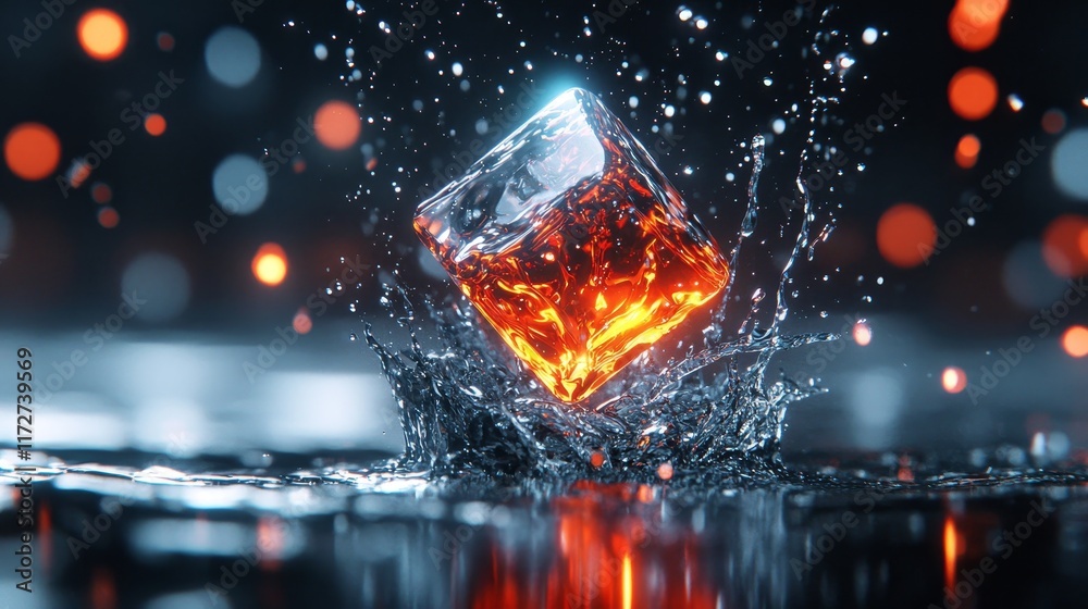 Glowing Amber Ice Cube Splashing into Water Abstract Liquid Photography