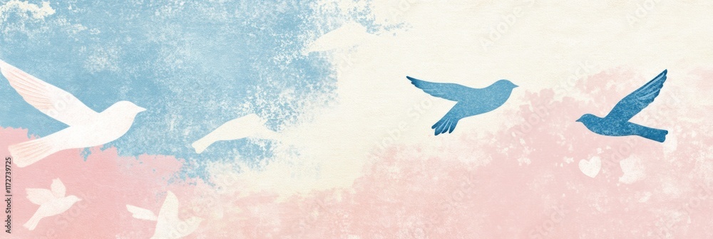 Fototapeta premium Colorful birds in flight against a soft pastel sky in retro risograph style. Generative AI