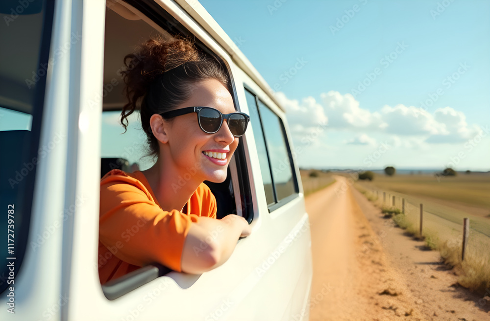 A woman who is wearing stylish sunglasses is joyfully sticking her head out of the open window of a moving car, enjoying the breeze