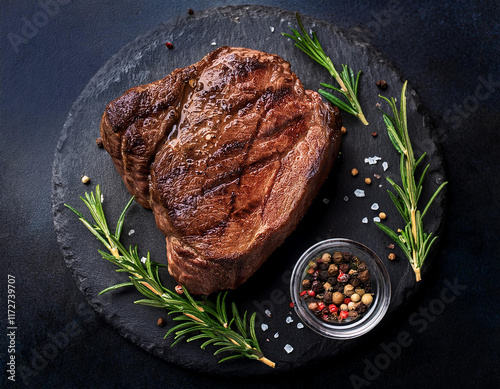 Grilled sliced Beef Steak with tomatoes and rosemary on a plate Isolated on white background top view photo