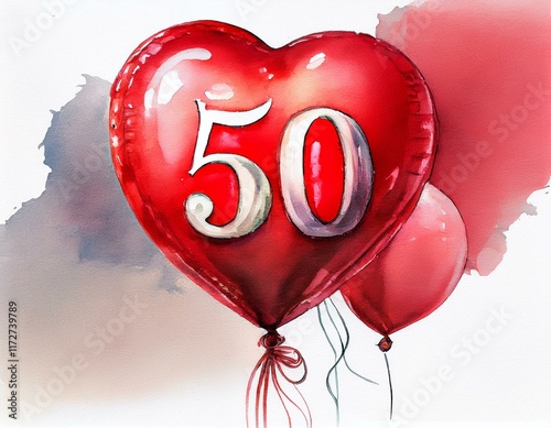 Red birthday / anniversary balloon, number 50, watercolor painting with white background photo