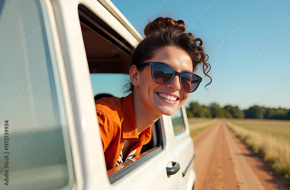 A woman who is wearing stylish sunglasses is joyfully sticking her head out of the open window of a moving car, enjoying the breeze