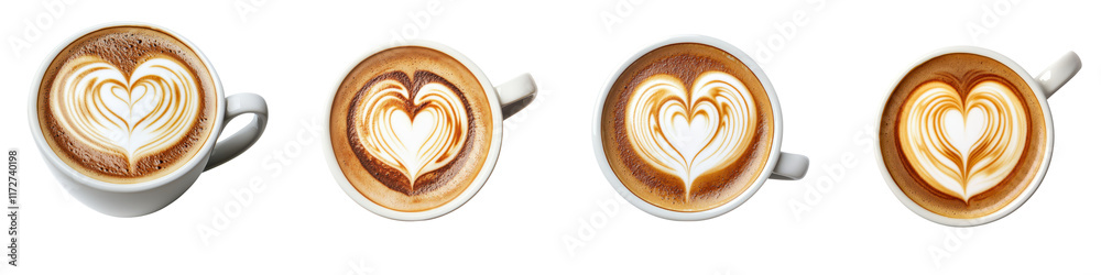 Delightful Coffee Art with Heart Shaped Latte Foam in White Ceramic Cup Placed on Wooden Textured Background Delightful Coffee Art with Heart Shaped Latte Foam in White Ceramic Cup Placed on Wooden Textured Background