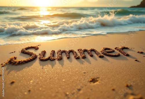 Summer scene with a text "SUMMER" formed by golden sand on the beach with crashing waves in the sea against sunset sky