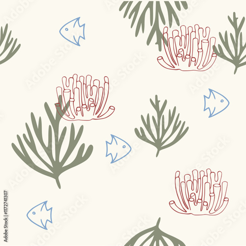 seamless pattern with seaweeds, corals, seashells, starfishes and sea urchin isolated. Underwater bouquet, Illustration for greeting cards,