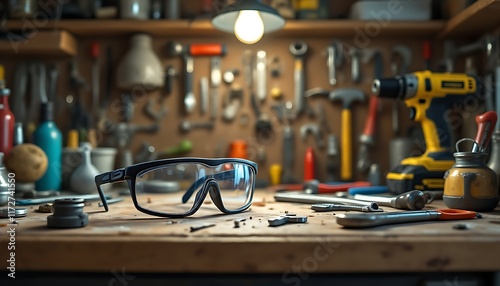A workshop with a safety glasses on wooden table with various tools and parts hanging on the wall in the background