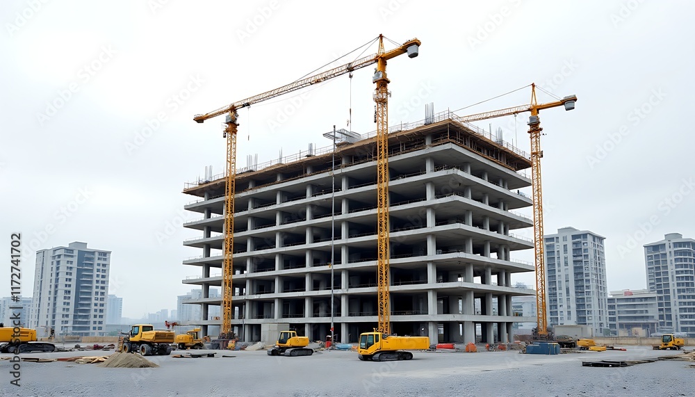 A construction site with a multiple-floors building under construction with cranes and trucks around the site on clear sky A construction site with a multiple-floors building under construction with cranes and trucks around the site on clear sky