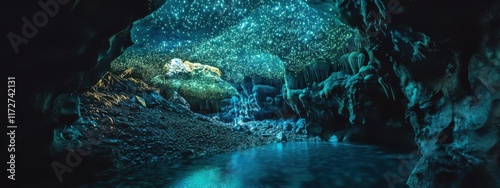 An enchanting view of the glowworm caves of Waitomo, New Zealand, with bioluminescent glowworms creating a starry sky effect on the cave ceiling photo