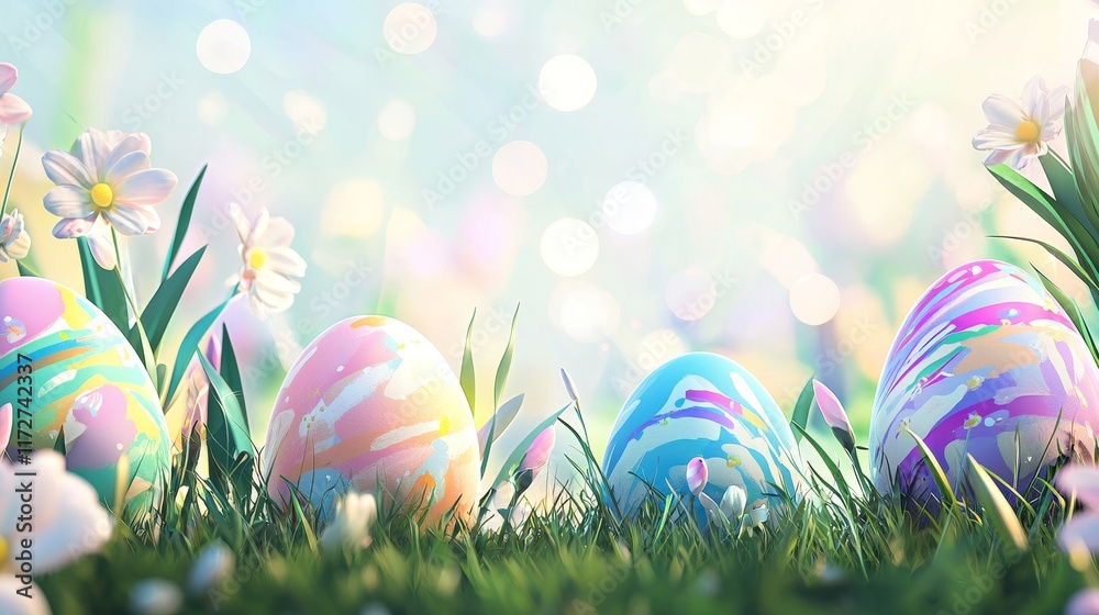 Fototapeta Colorful Easter Eggs in Spring Grass with Blossoms and Bright Background