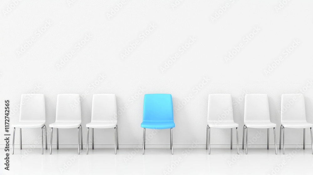 Obraz premium Blue chair standing out from the crowd symmetrical row of white chairs with one vibrant blue chair stands out. Business concept
