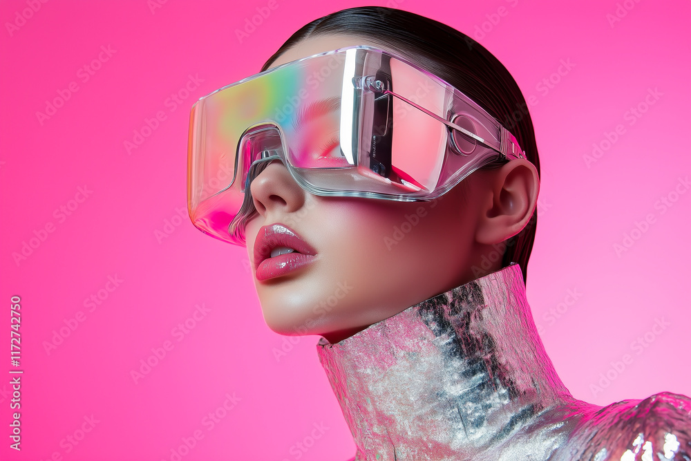 A futuristic portrait of a woman wearing a reflective metallic visor and a matching silver outfit. A futuristic portrait of a woman wearing a reflective metallic visor and a matching silver outfit.