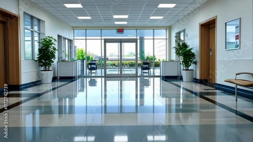 Wallpaper Mural Brightly lit corridor in a hospital features polished floors and seating areas with plants, creating a welcoming atmosphere for visitors Torontodigital.ca