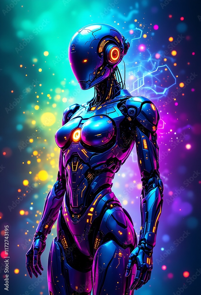 Fototapeta premium A robotic humanoid in metallic and neon light body surrounded by glowing gradient light with powerful energy in the background, Futuristic AI technology concept