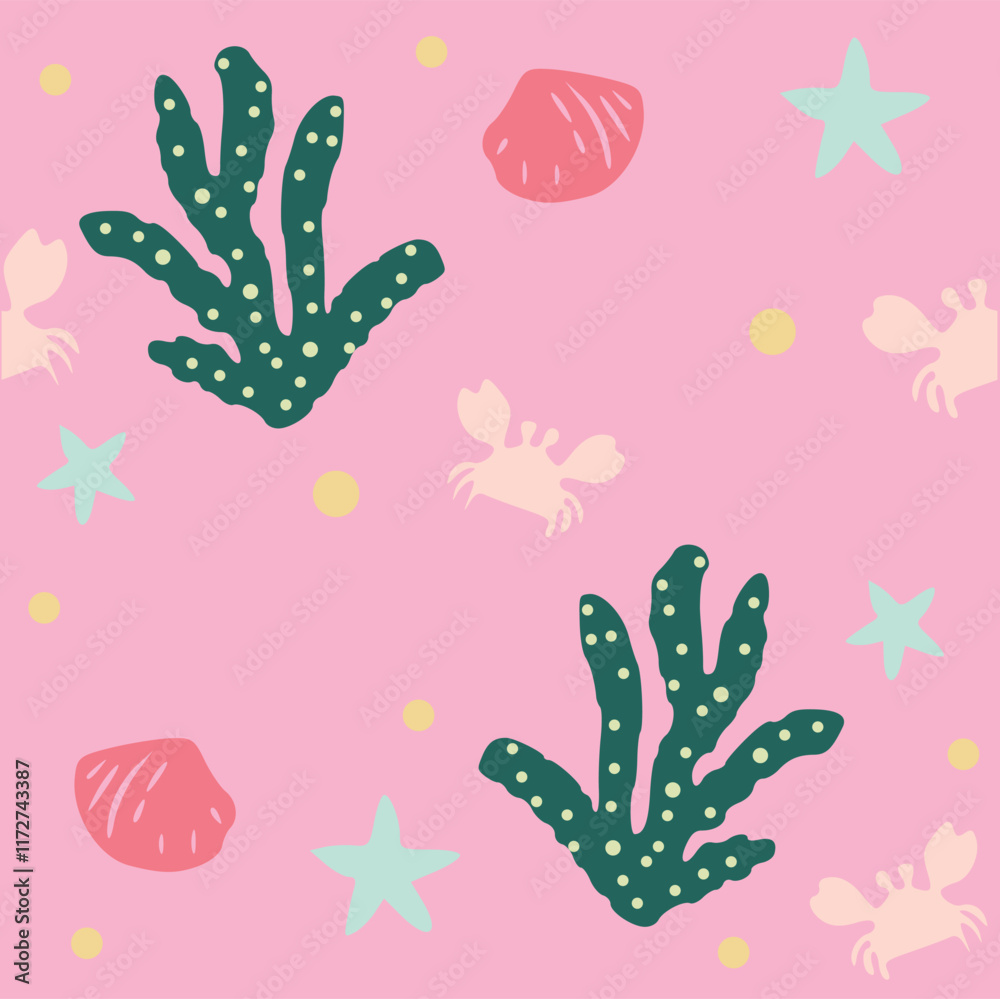 Fototapeta premium seamless pattern with seaweeds, corals, seashells, starfishes and sea urchin isolated. Underwater bouquet, Illustration for greeting cards,