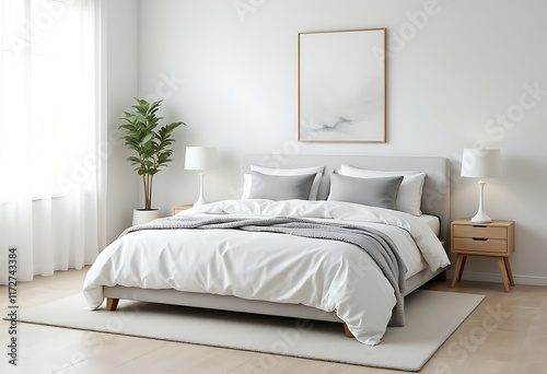 Modern white bedroom with double bed and pillows, a  picture frame on the wall, a potted plant on the corner near a glass window covered white curtain, interior home decoration design