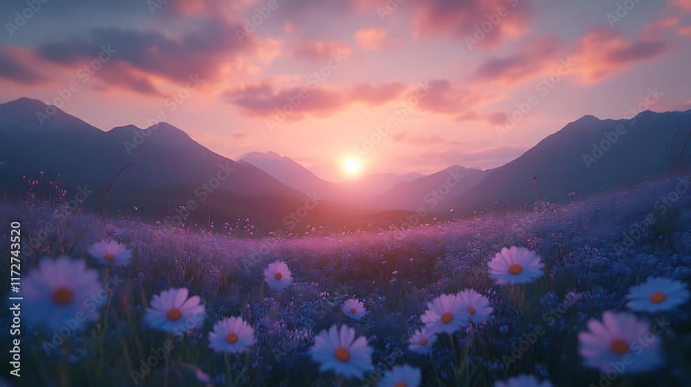Fototapeta premium Vibrant sunset over a field of wildflowers in mountains.