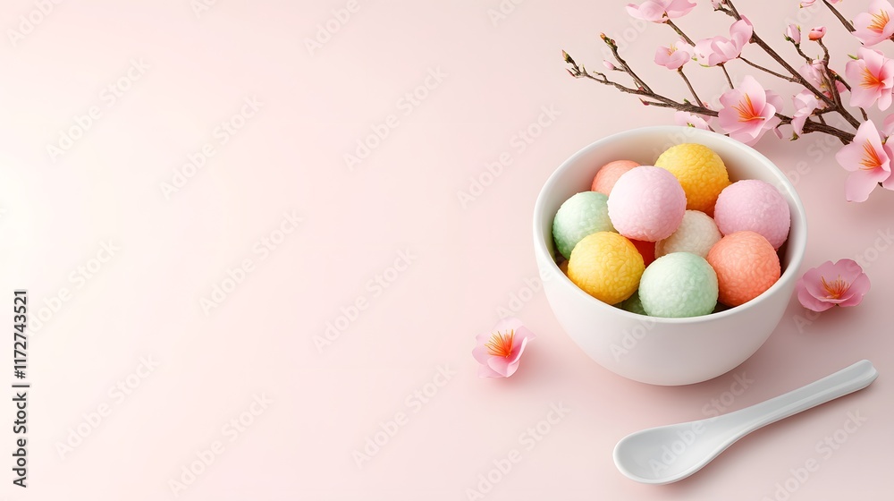 Colorful ice cream balls in a white bowl surrounded by cherry blossoms on a soft pink background Colorful ice cream balls in a white bowl surrounded by cherry blossoms on a soft pink background