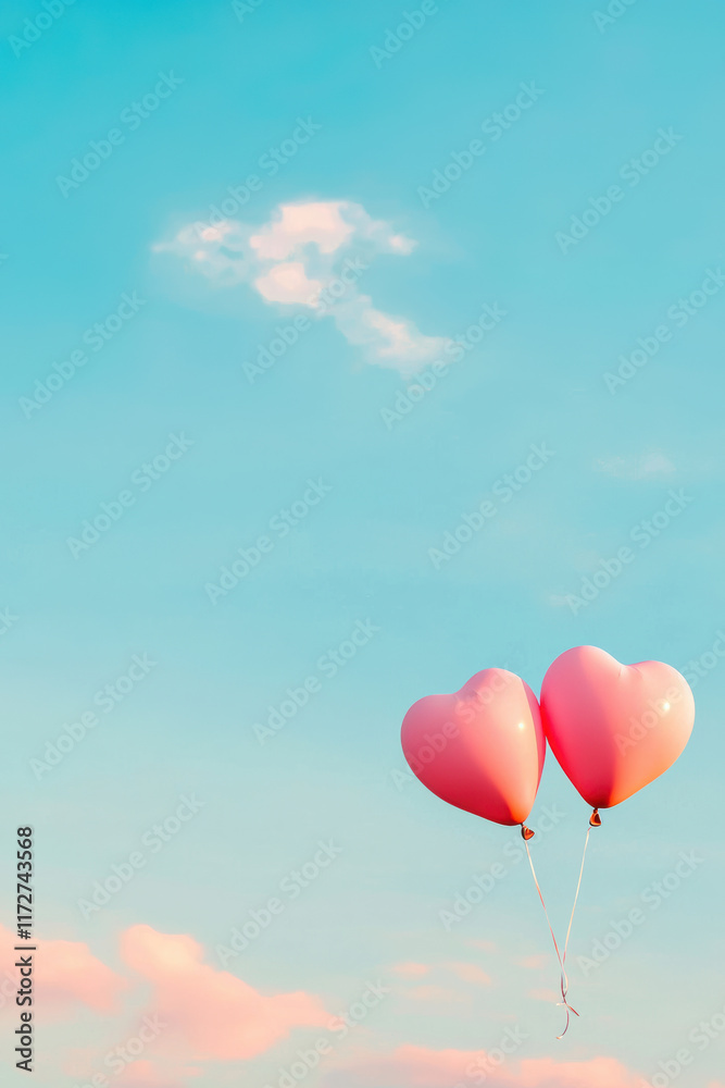 Heart shaped balloons floating against blue sky with clouds Heart shaped balloons floating against blue sky with clouds