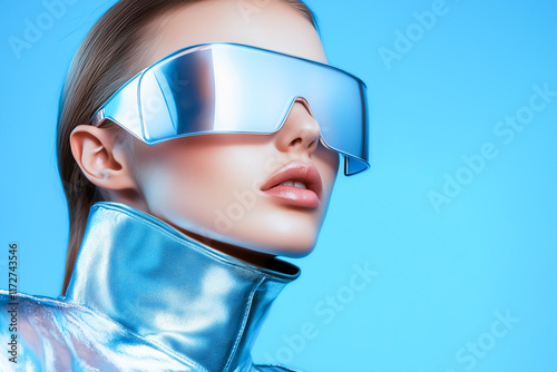 A futuristic close-up portrait of a woman wearing oversized transparent glasses and a metallic silver jacket. 