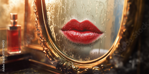 Vanity theme, an ornate gold framed mirror with condensation, vivid red lipstick kiss imprint at the center, person obsessed with their own image, the essence of narcissism and self obsession.