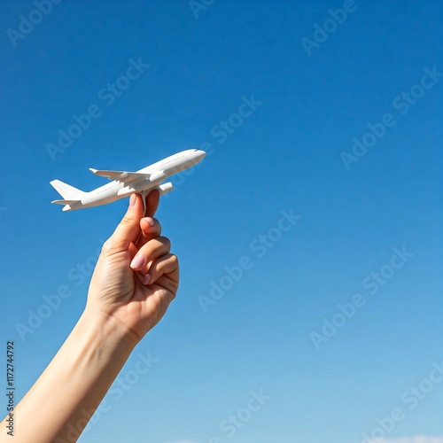 Hand holding an airplane model against blue sky, travel concept