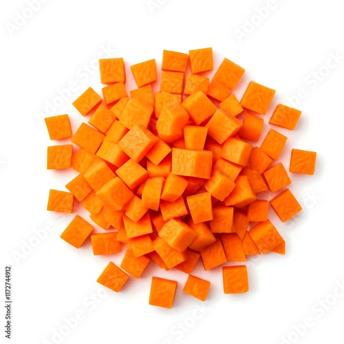 Pile of cubed carrot isolated on white background
