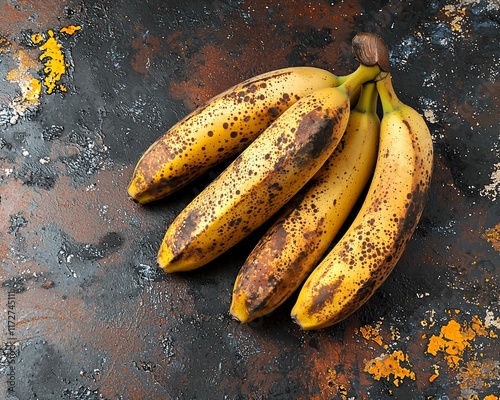 Ripe, overripe bananas with brown spots on dark background. photo